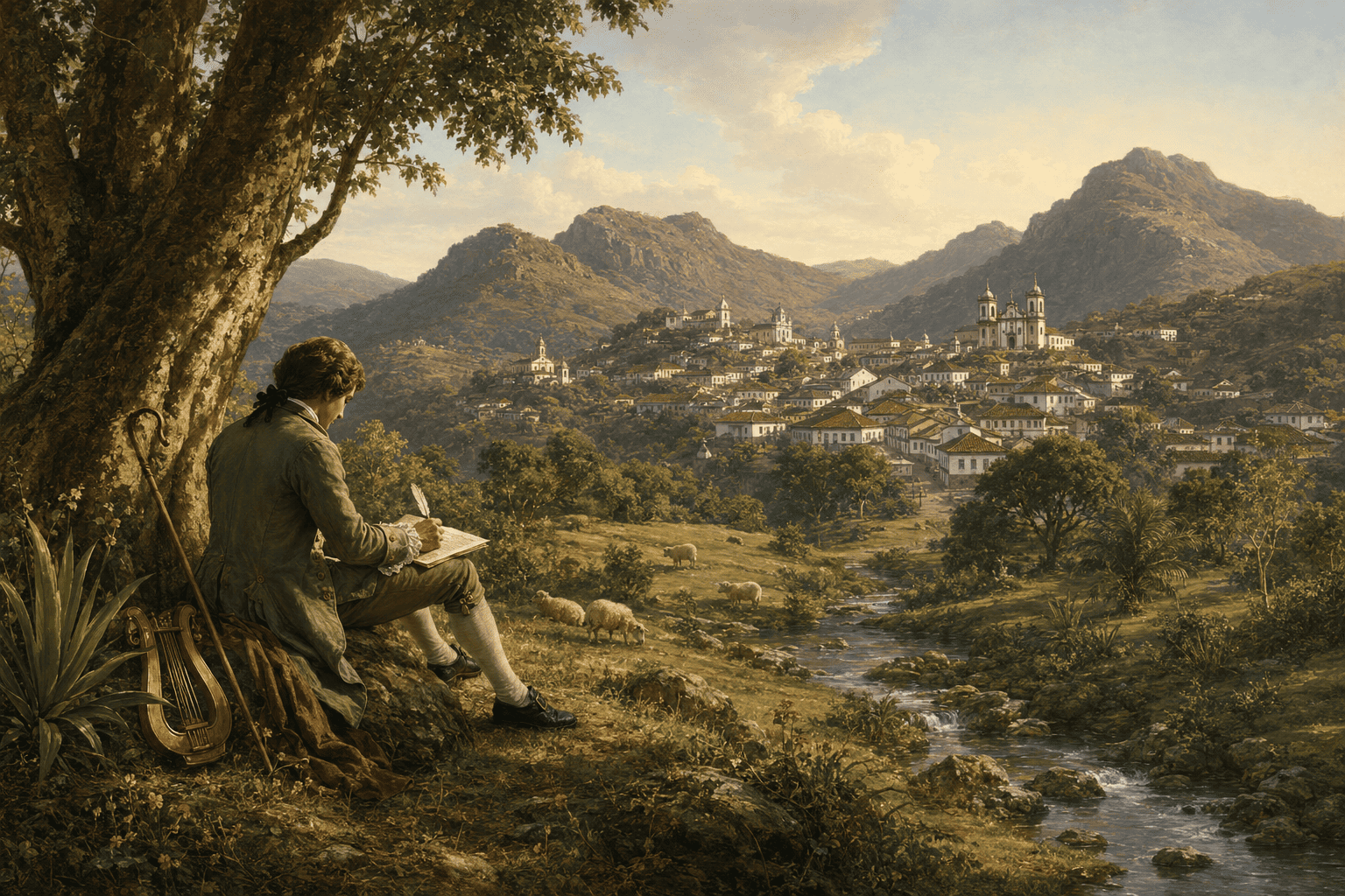 Representação do Arcadismo no Brasil com paisagem pastoril e cidade colonial mineira
