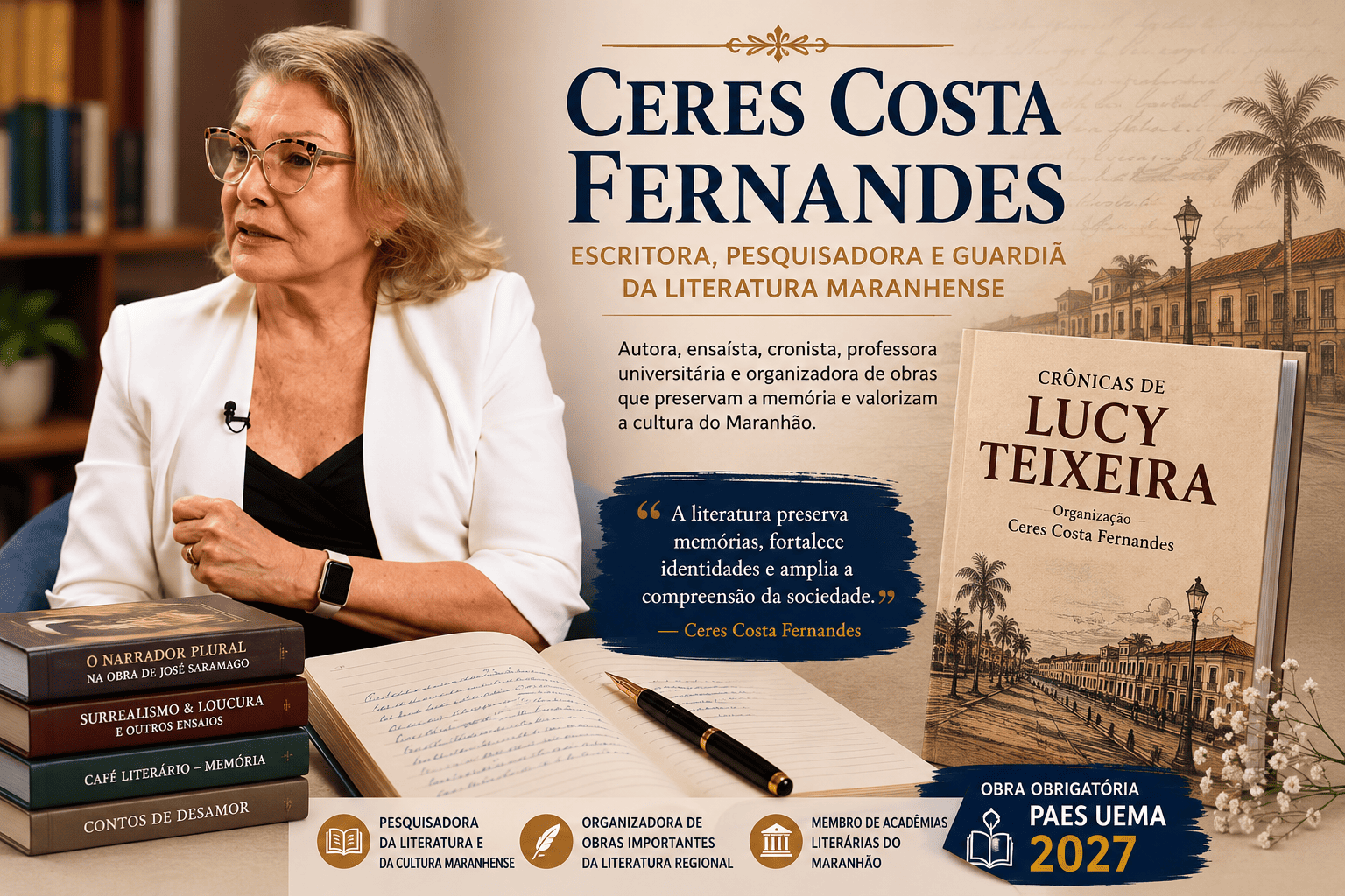 Ceres Costa Fernandes, pesquisadora e organizadora de Crônicas de Lucy Teixeira, obra obrigatória do PAES UEMA 2027