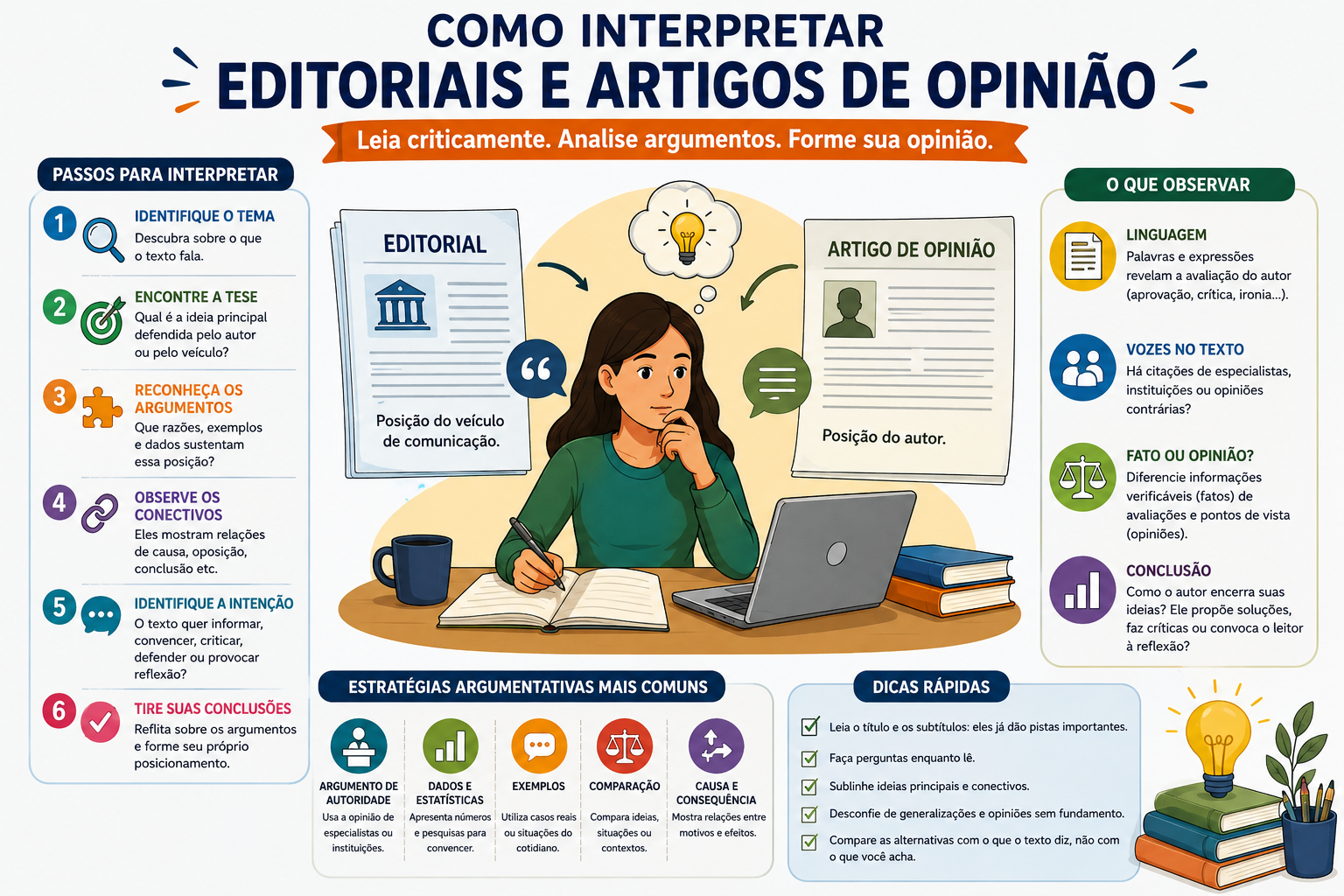 Estudante analisando um artigo de opinião e destacando a tese e os argumentos no texto