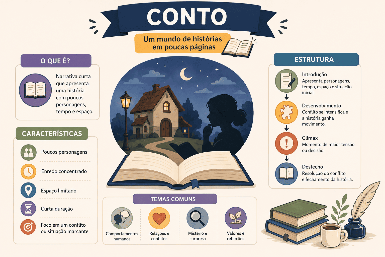 Esquema visual mostrando as características e estrutura do conto