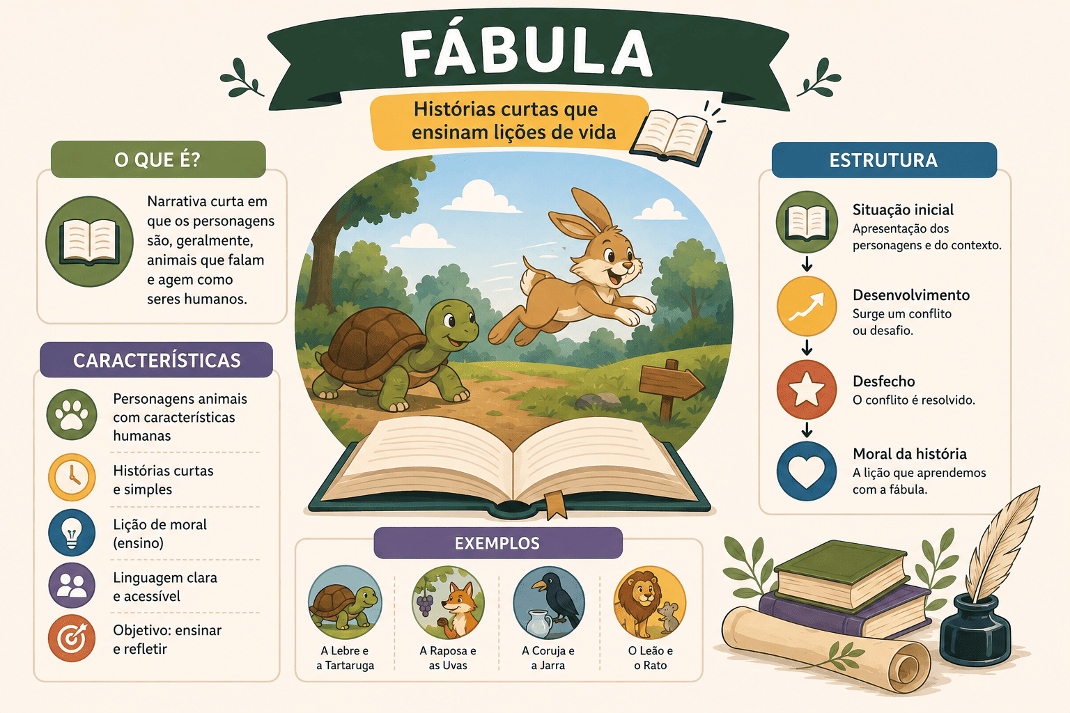 Esquema visual mostrando os elementos e características da fábula