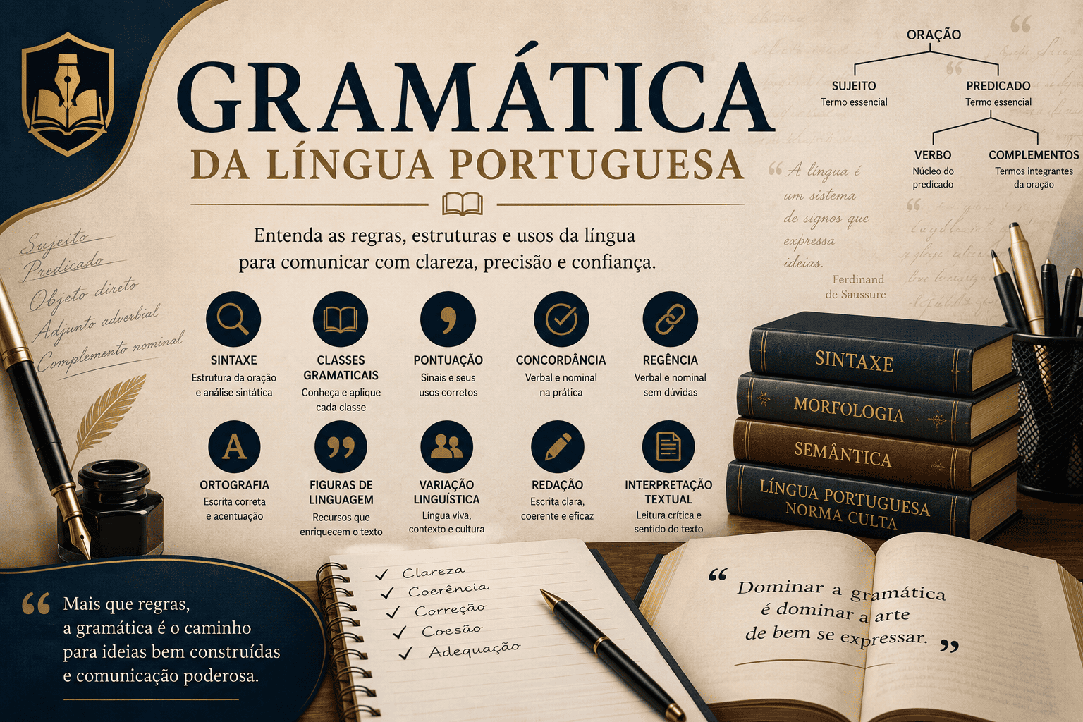 Gramática da Língua Portuguesa com conteúdos de verbos, sujeito, sintaxe e redação