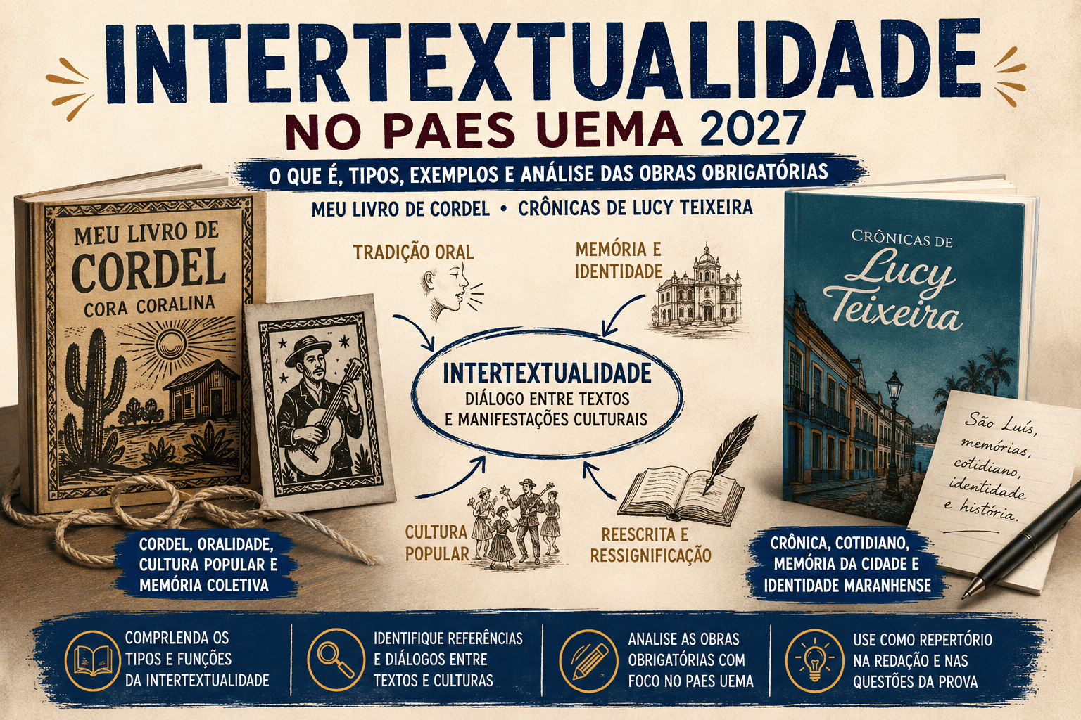 Intertextualidade no PAES UEMA 2027: o que é, tipos, exemplos e análise de Meu Livro de Cordel e Crônicas de Lucy Teixeira