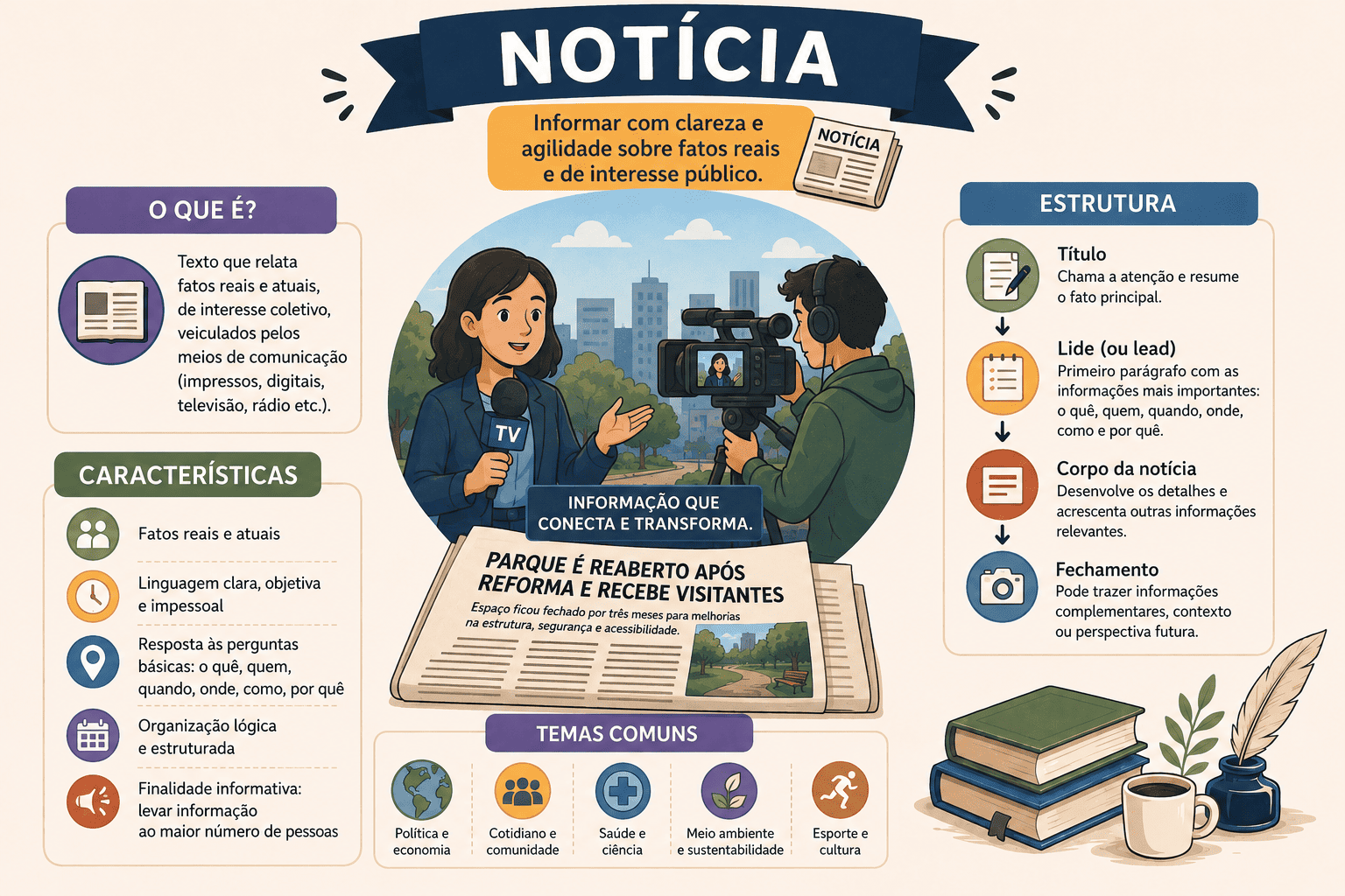 Esquema visual mostrando a estrutura da notícia: Manchete, Linha Fina, Lide e Corpo do texto