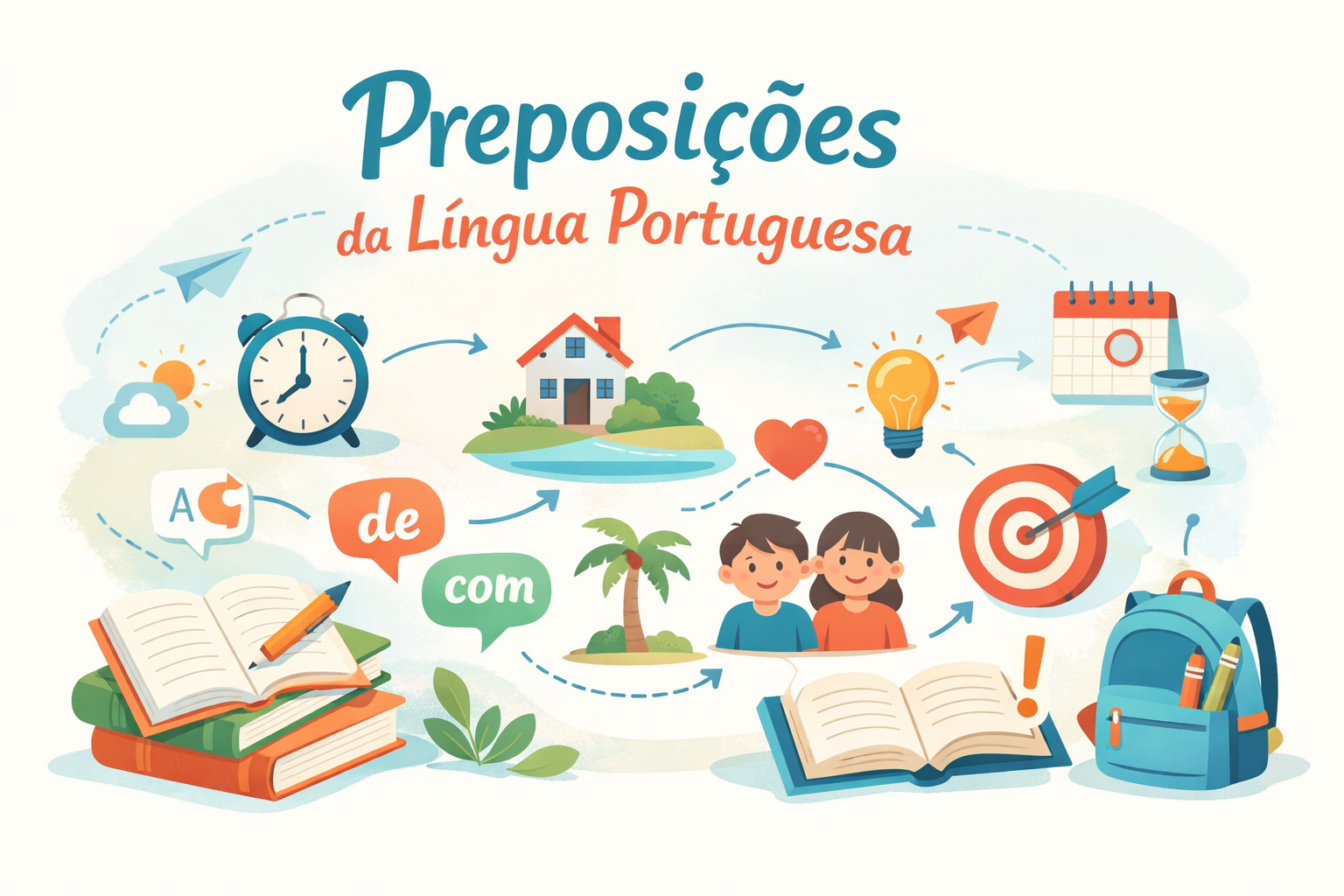 Ilustração educativa sobre o uso das preposições na Língua Portuguesa, com exemplos de relações de sentido como lugar, tempo e causa