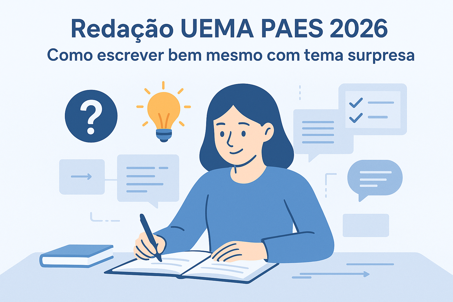 Dicas para fazer a redação da UEMA PAES 2026 mesmo com tema surpresa - estudante escrevendo com confiança
