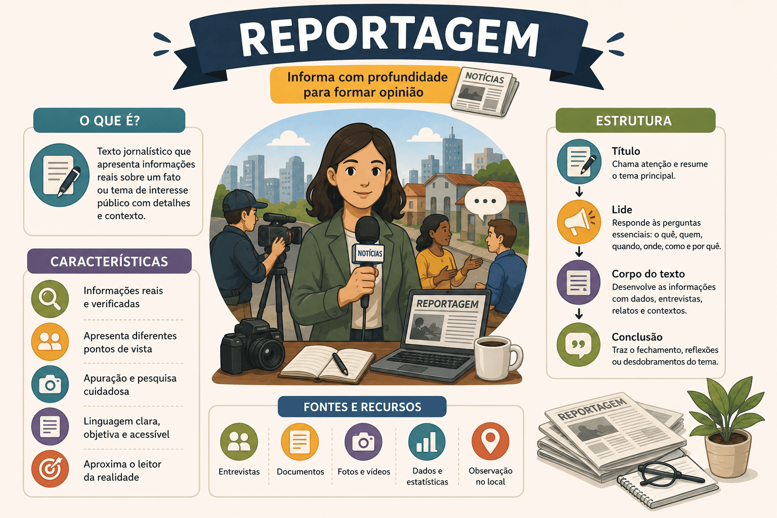 Mapa mental mostrando os elementos da reportagem: investigação, polifonia, profundidade e linguagem mais livre