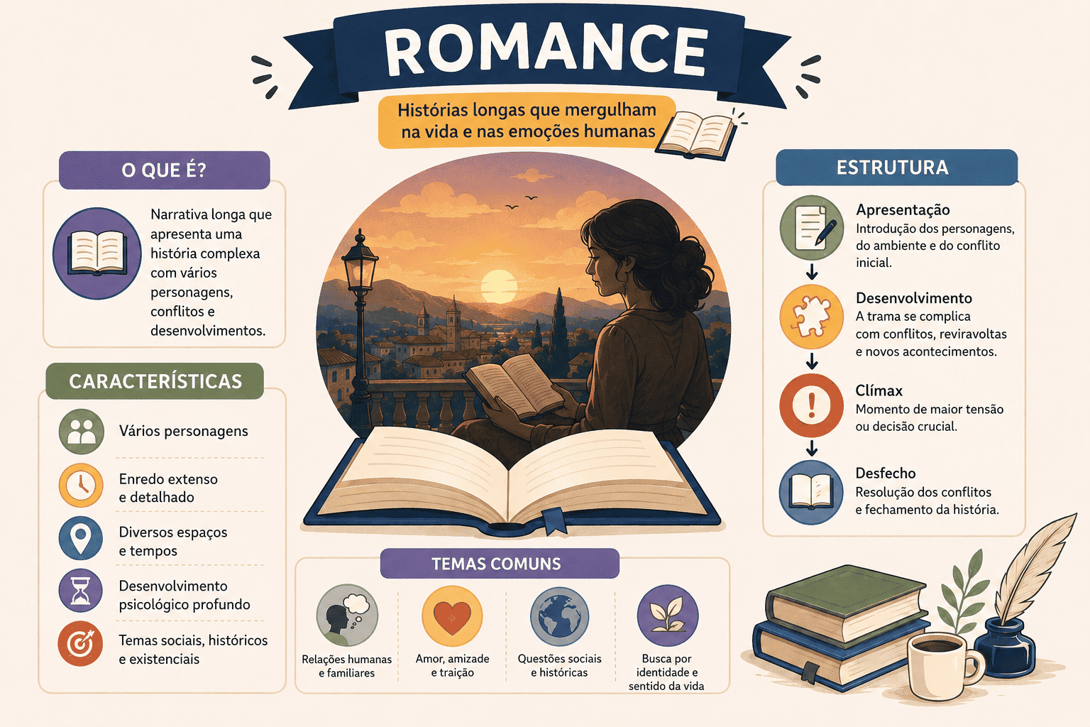 Mapa visual mostrando as características e estrutura do romance