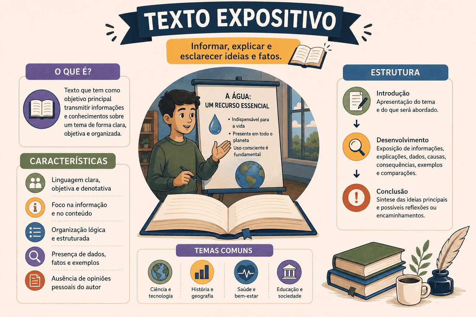 Esquema visual mostrando as características e a estrutura do texto expositivo
