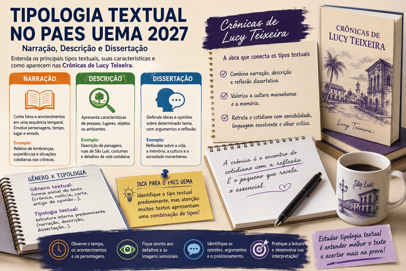 Tipologia textual no PAES UEMA 2027 com exemplos de narração descrição e dissertação