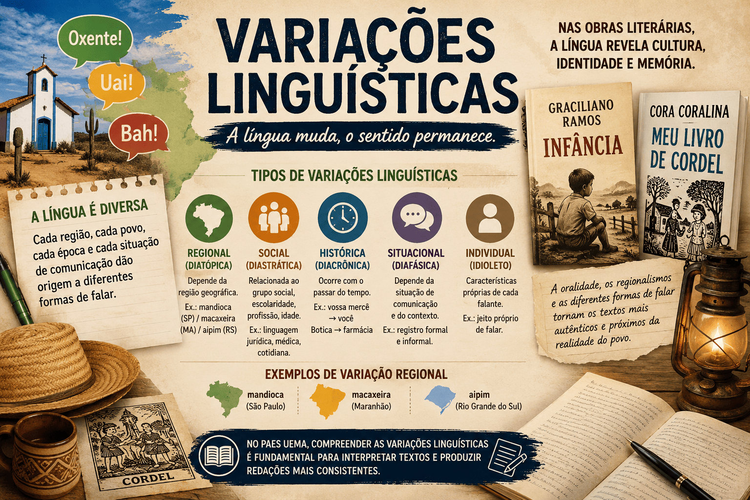 Variações Linguísticas: conceito, tipos, exemplos e análise de Infância e Meu Livro de Cordel